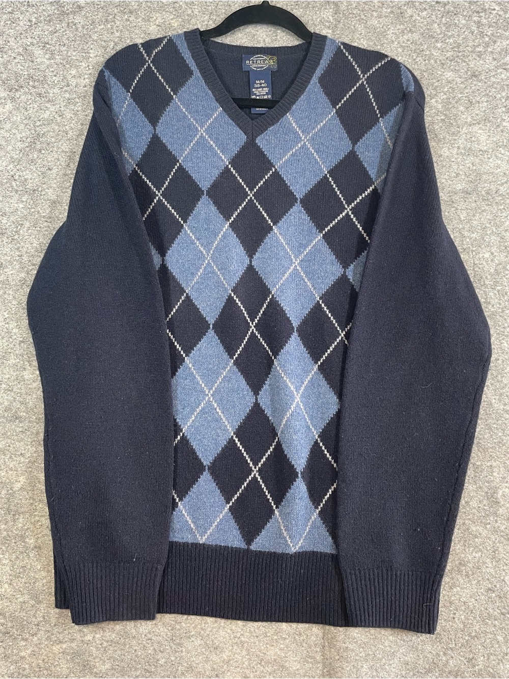Vintage Retreat Argyle Lambswool Sweater Navy Blue Medium Preppy Academia Golf